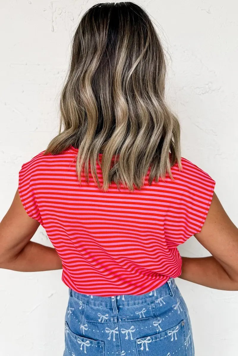 Red Stripe Ribbed Cap Sleeve Round Neck T Shirt for Women - Love Salve